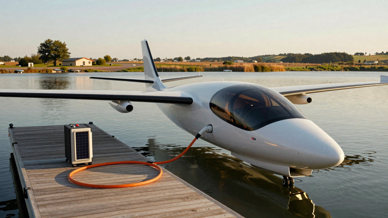 Avião elétrico branco carregando bateria em um cais de madeira em um lago ao pôr do sol.