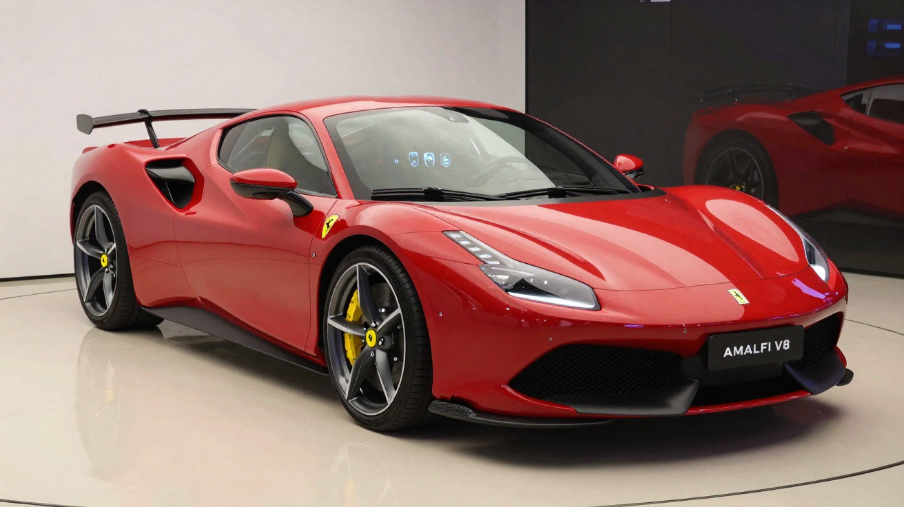 Carro esportivo vermelho Ferrari Amalfi V8 em exposição, visto na diagonal frontal direita.