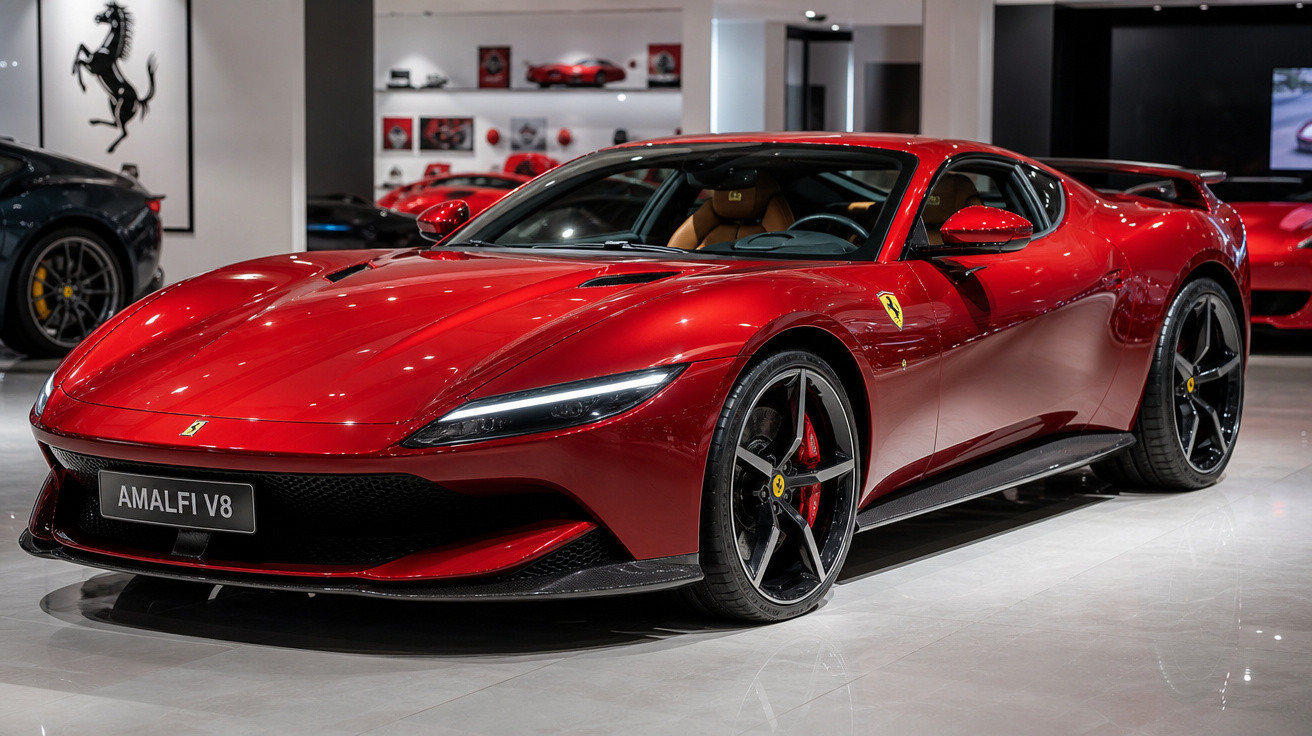 Carro esportivo Ferrari vermelho modelo Amalfi V8 exibido em showroom moderno.