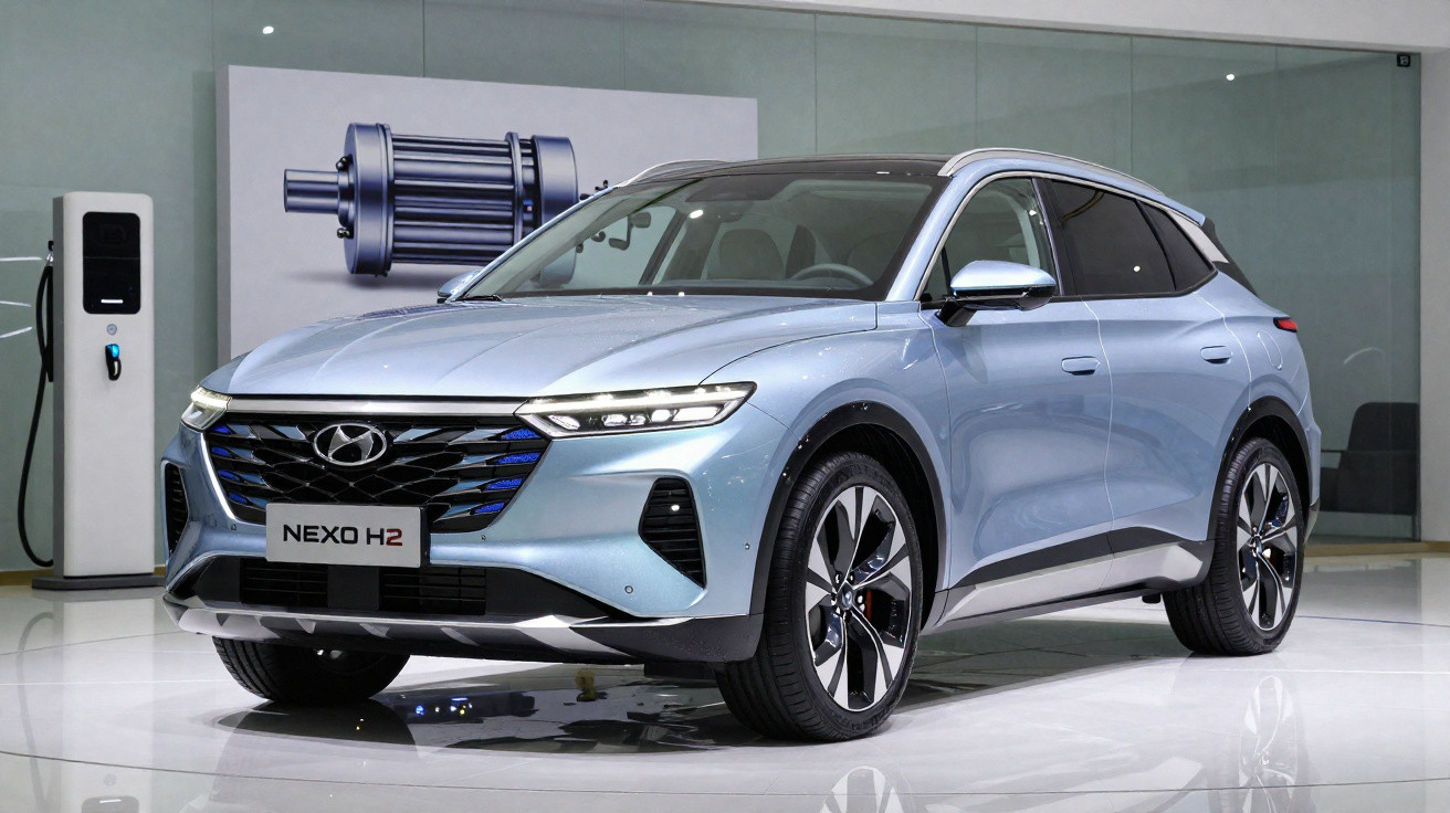 Carro SUV Hyundai Nexo H2 azul estacionado em ambiente interno, próximo a estação de recarga elétrica.