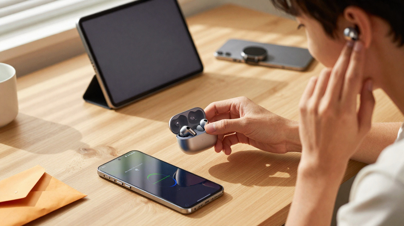 Pessoa ajustando fone de ouvido sem fio, com celular, tablet e smartwatch sobre mesa de madeira clara.