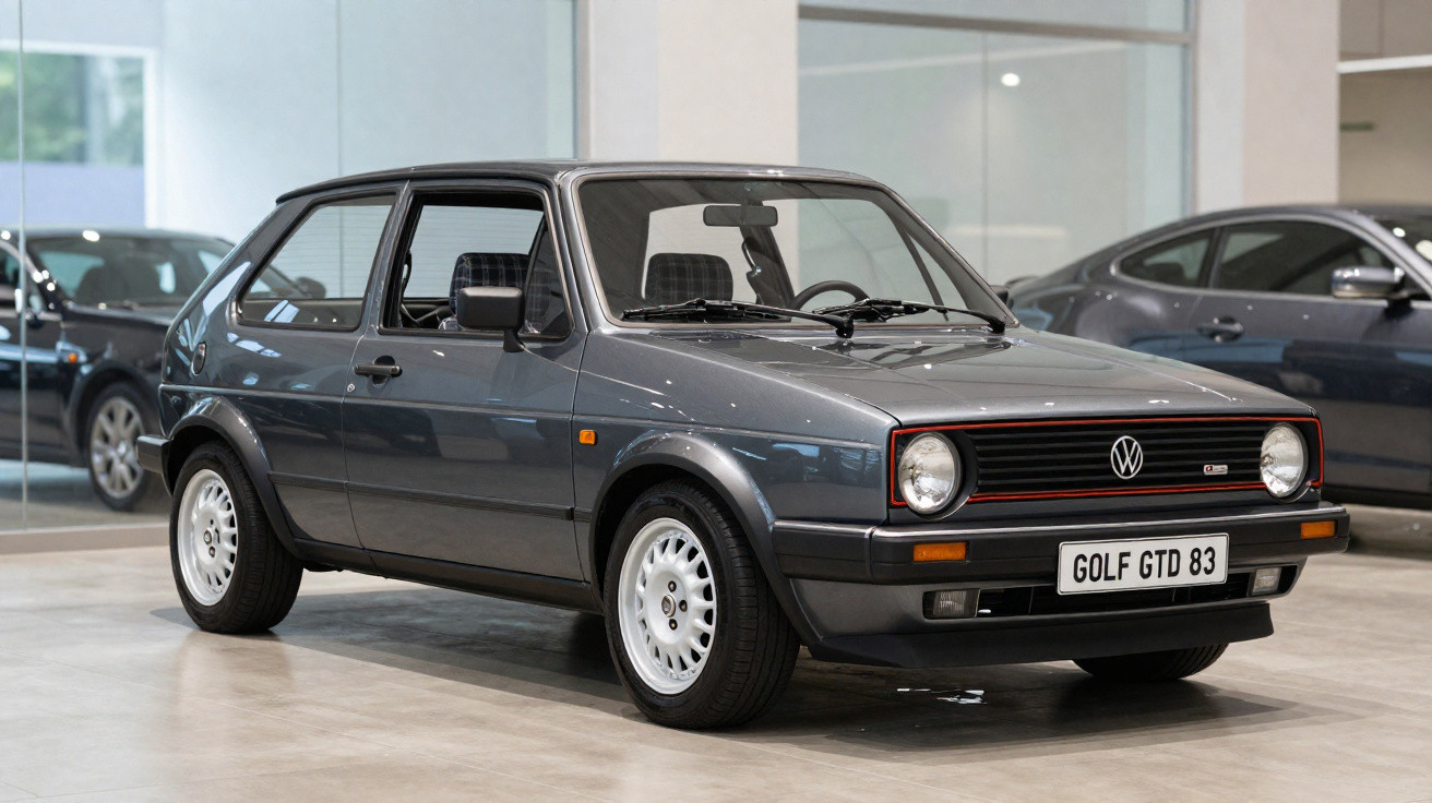 Carro Volkswagen Golf GTD 83 cinza estacionado em ambiente interno, com design clássico dos anos 80.