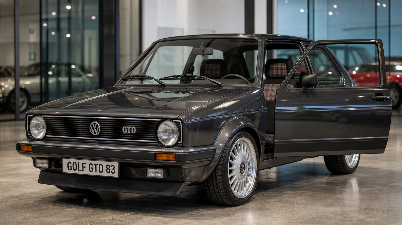 Carro Volkswagen Golf GTD 83 cinza com porta aberta em ambiente interno iluminado.