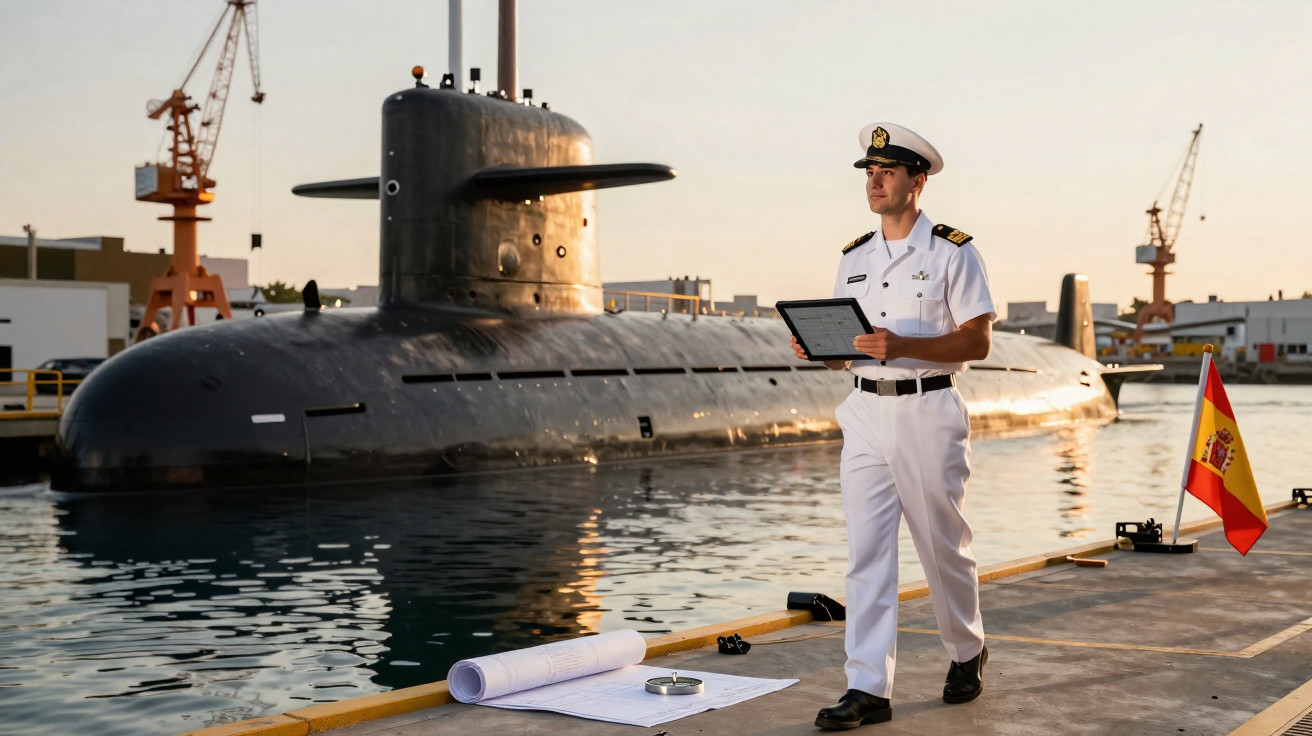 Oficial naval em uniforme branco segurando prancheta em píer ao lado de submarino e bandeira da Espanha.