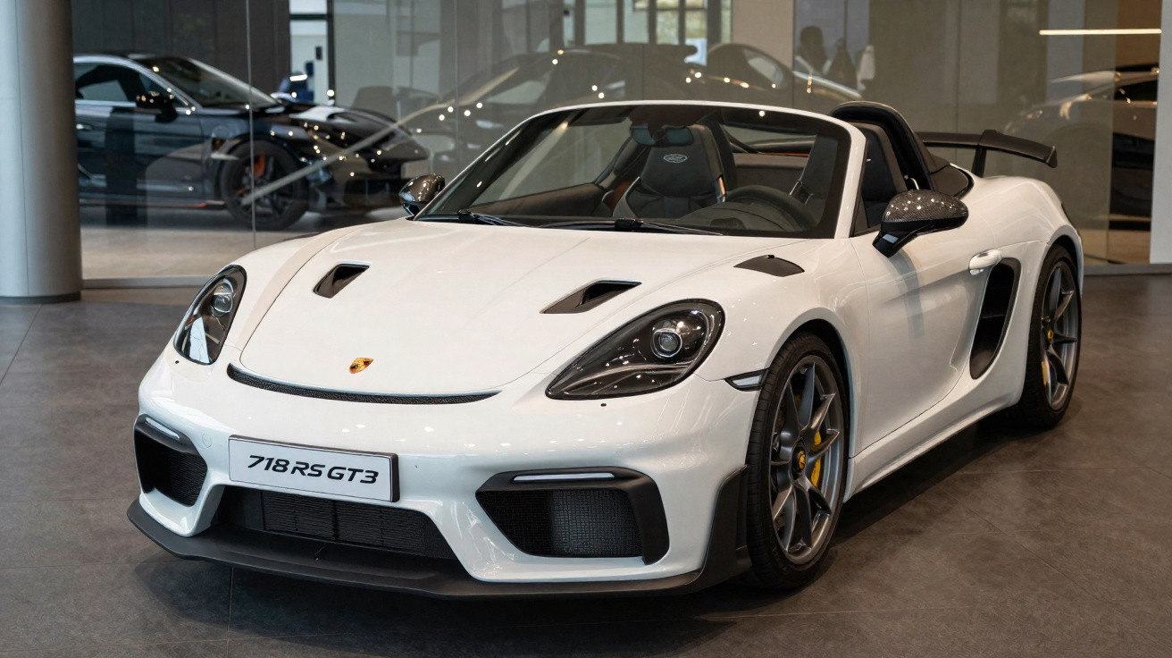 Carro esportivo conversível branco Porsche 718 RS GT3 em showroom com pisos cinza.