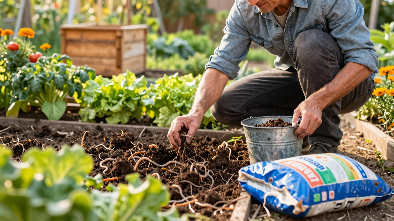 Homem agachado cuidando do solo em horta com verduras e flores ao redor.