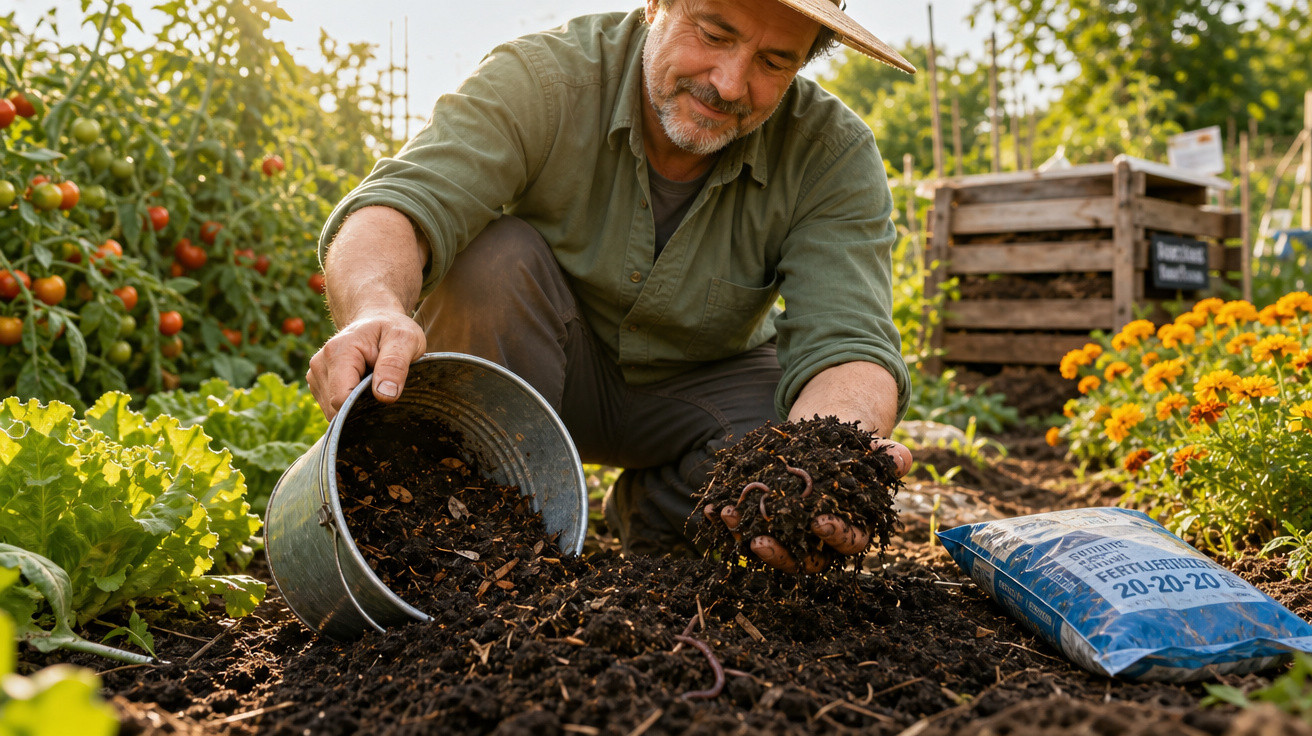 Homem em jardim adiciona composto orgânico ao solo com minhocas para fertilizar plantas ao redor.
