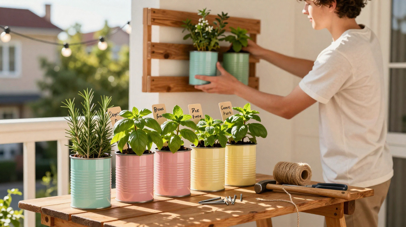 Pessoa organizando plantas em latas coloridas sobre mesa de madeira em varanda ensolarada.