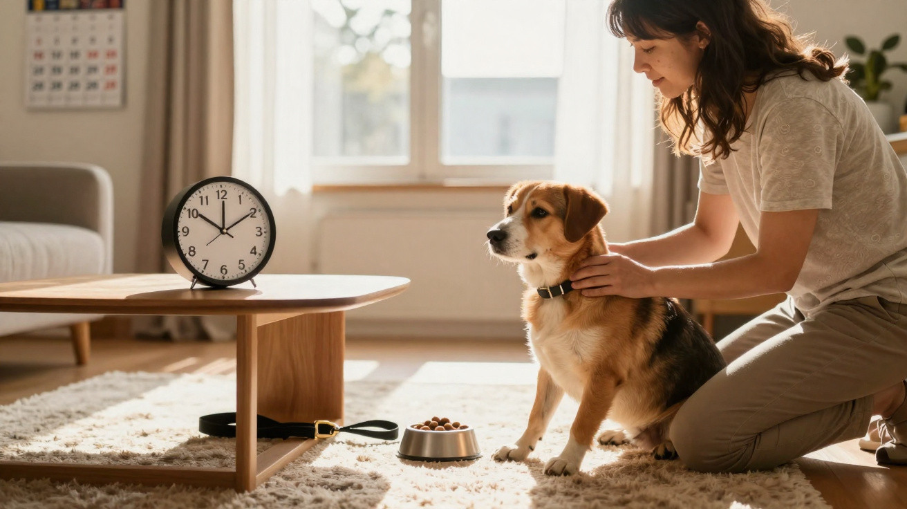 Mulher ajeita coleira de cachorro ao lado de potes de ração e relógio sobre mesa em sala iluminada.