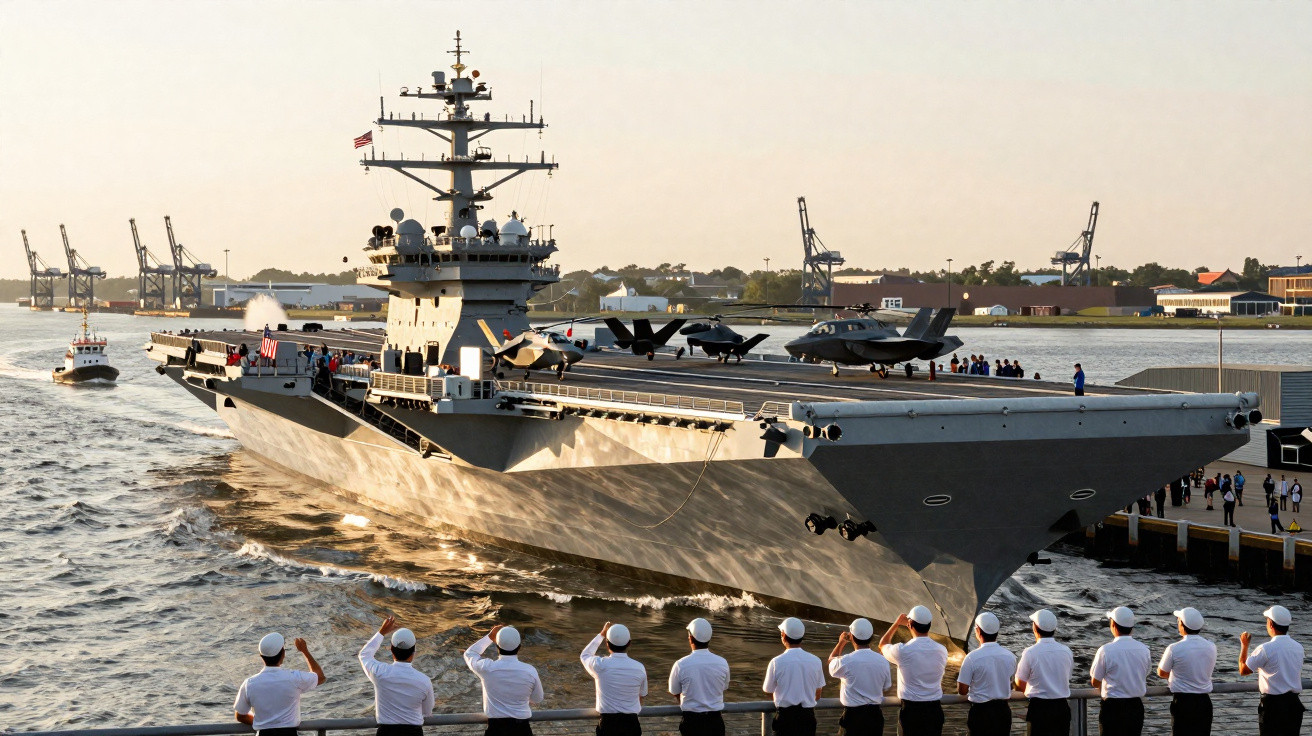 Porta-aviões naval com caças no convés, 14 marinheiros em fila saudando na água ao entardecer.