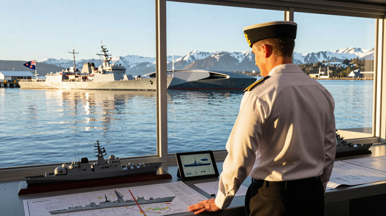Oficial naval observando modelos e mapas de navios com vista para o mar e montanhas ao fundo.