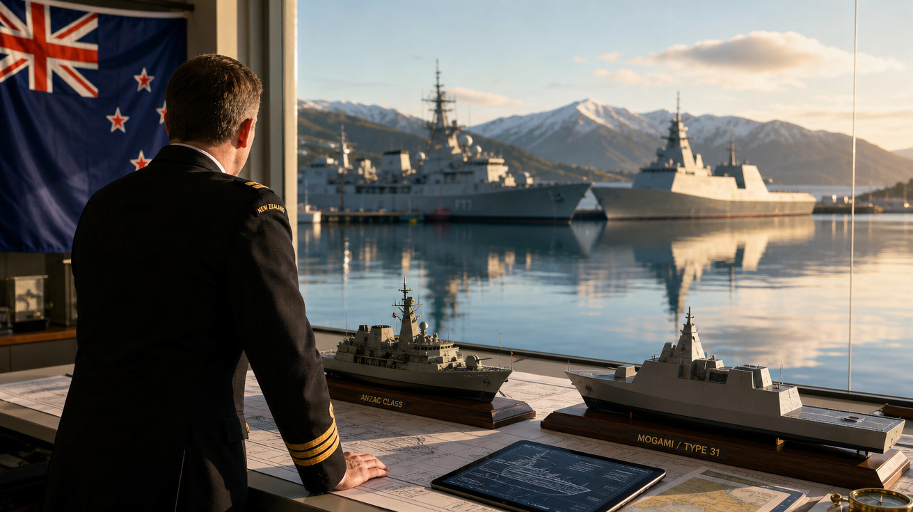 Homem em uniforme naval observa modelos de navios com grandes navios de guerra e montanhas ao fundo.