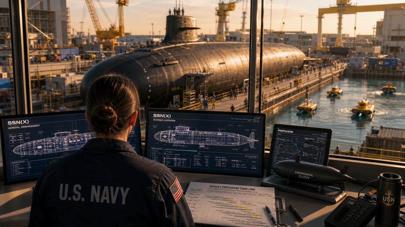 Pessoa da Marinha dos EUA em frente a telas com desenhos técnicos de submarino, com submarino na doca ao fundo.