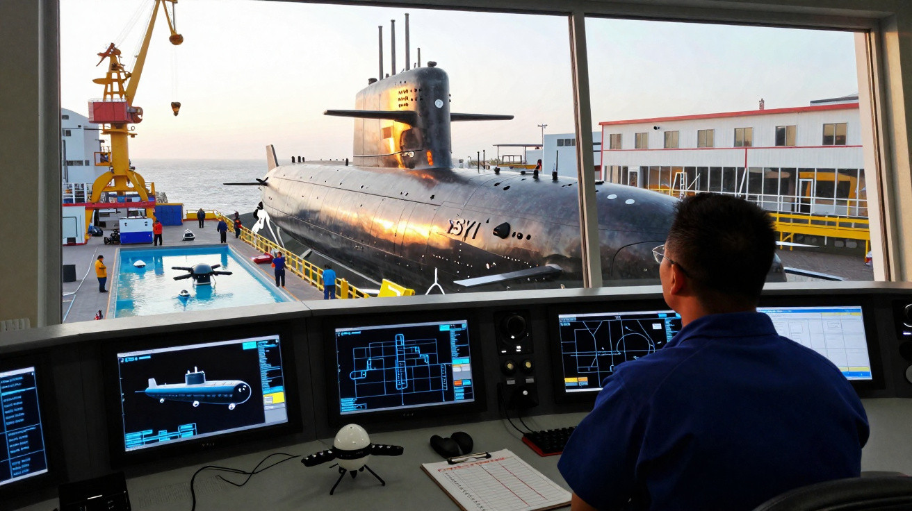 Homem monitora controles enquanto observa submarino preto estacionado em doca externa.