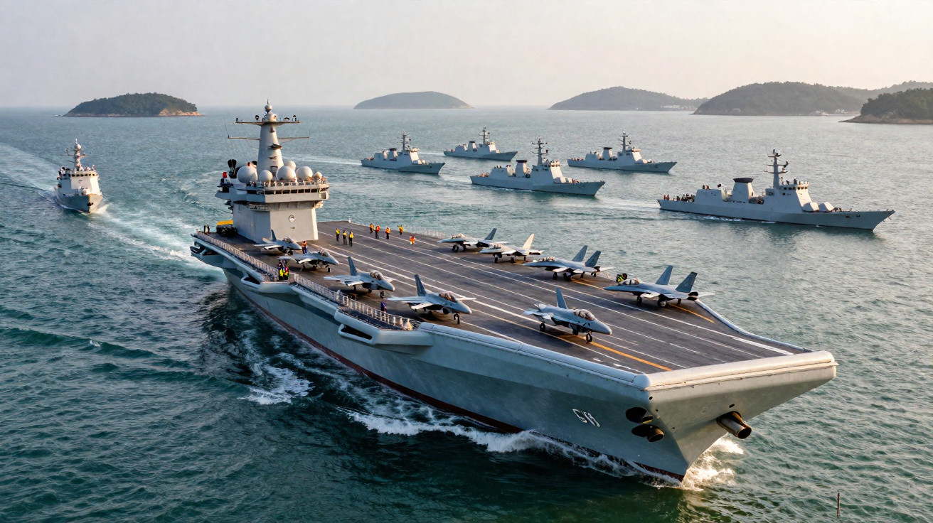 Porta-aviões militar navegando com caças na pista, escoltado por navios de guerra em mar calmo.