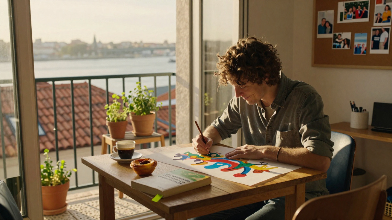 Homem desenhando quadro colorido em mesa perto da janela com vista para cidade e plantas.