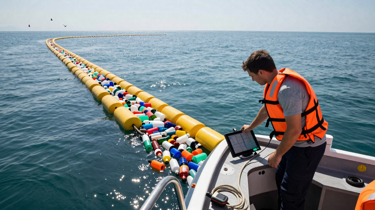 Homem com colete salva-vidas em barco próximo a barreira flutuante cheia de garrafas e objetos plásticos no mar.