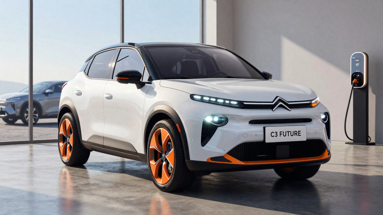 Carro elétrico Citroën C3 Future branco com detalhes laranja em carregador dentro de showroom moderno.