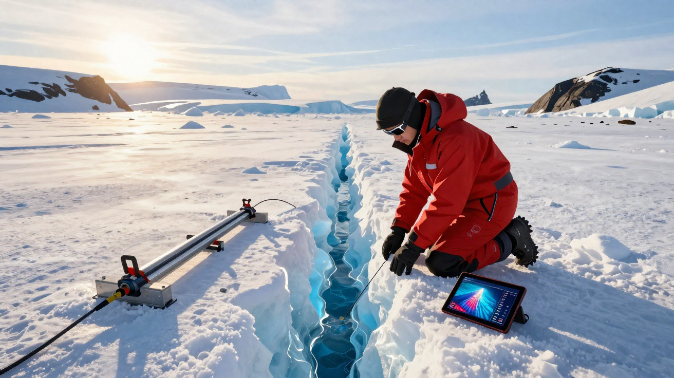 Pesquisador com roupa térmica vermelha analisa crevasse em geleira usando equipamento eletrônico.