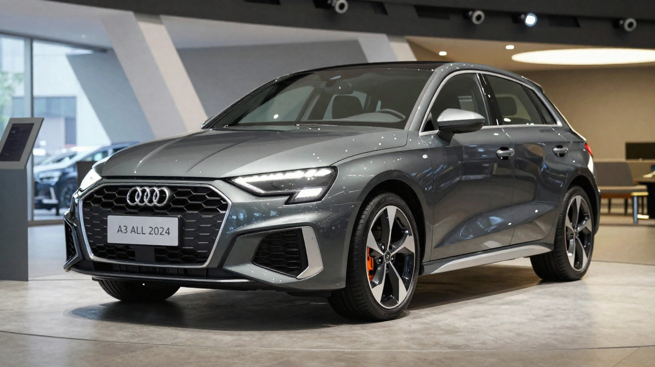 Carro cinza Audi A3 ALL 2024 em exposição, visto de frente e lateral direita em ambiente interno.