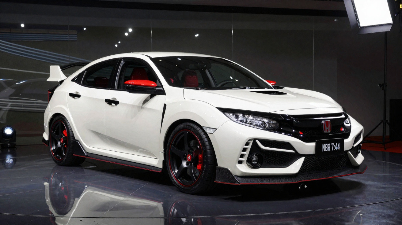 Carro esportivo branco Honda Civic Type R com detalhes em vermelho em ambiente de exposição.