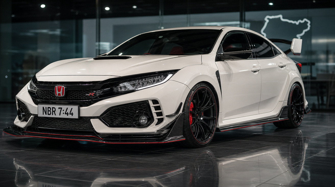 Carro esportivo Honda Civic Type R branco com detalhes em preto e rodas pretas, exibido em showroom moderno.