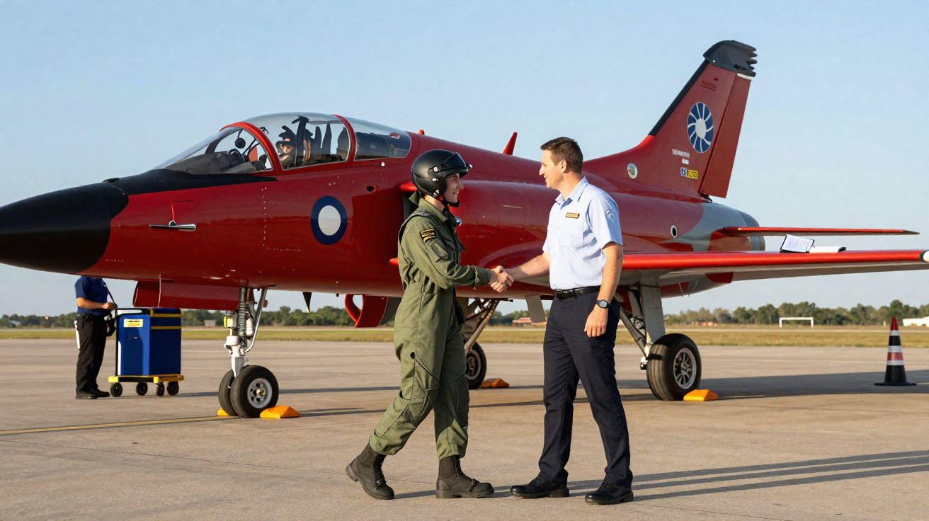Militar em uniforme verde cumprimenta homem em uniforme azul na frente de avião de caça vermelho estacionado na pista.