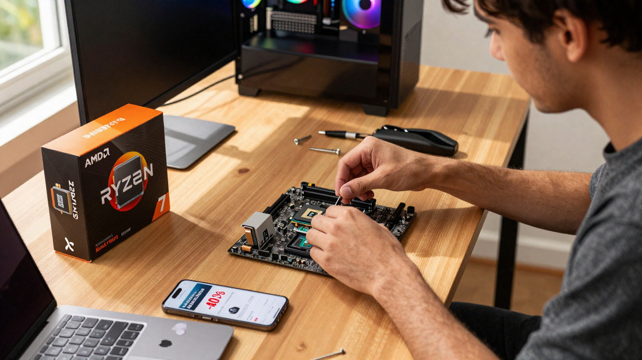 Pessoa montando placa-mãe de computador em mesa com caixa de processador AMD Ryzen e laptop.