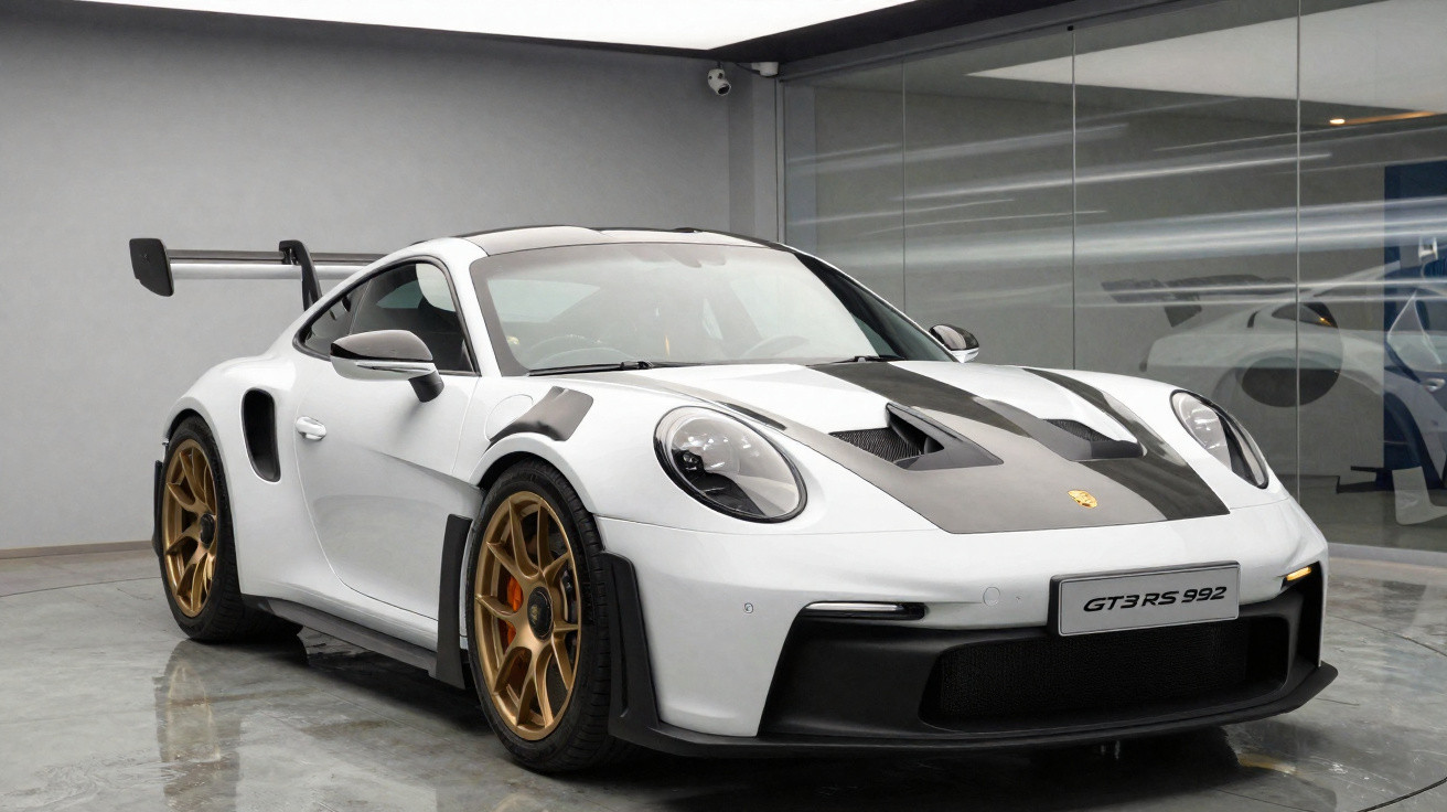 Carro esportivo branco Porsche GT3 RS 992 com detalhes pretos e rodas douradas em showroom moderno.