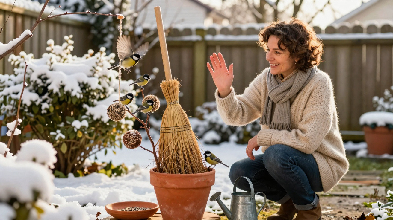 Mulher sorrindo alimenta pássaros em jardim com neve, perto de vaso e regador.