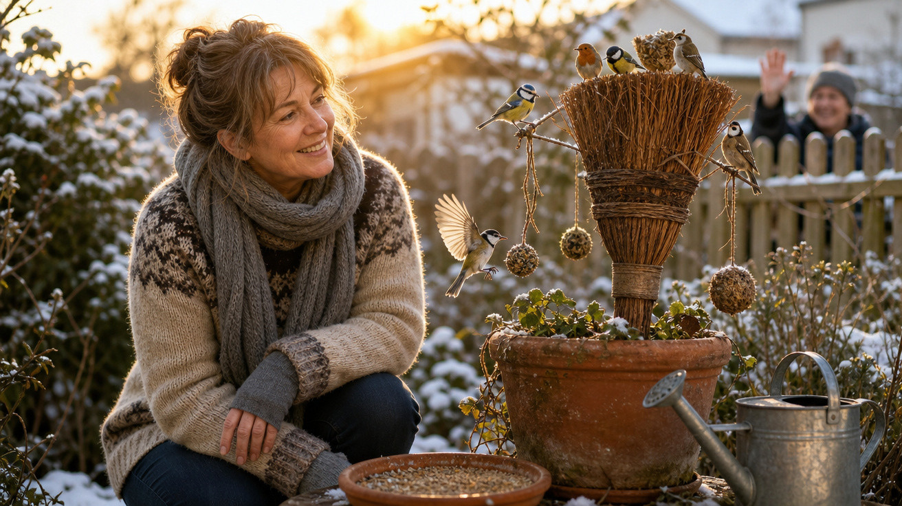 Mulher sorrindo agachada no jardim observando pássaros pousados em utensílio de vaso com sementes.
