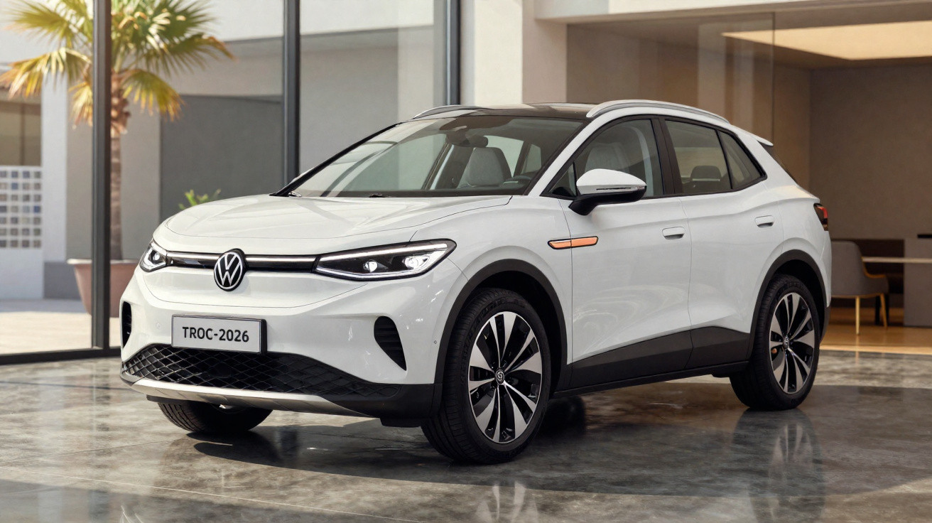 Carro elétrico Volkswagen T-ROC 2026 branco estacionado em ambiente moderno e iluminado.