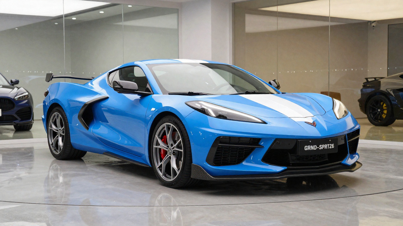Carro esportivo azul com faixa branca exposto em showroom moderno com piso refletivo.