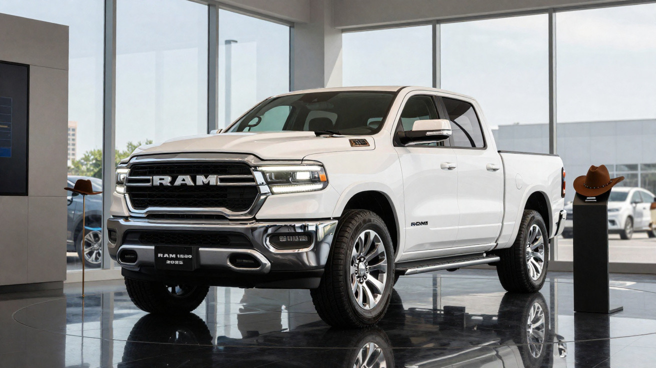 Picape branca RAM 1500 2023 exibida em showroom com piso espelhado e grande janela ao fundo.