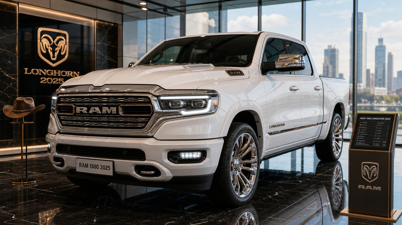 Picape branca RAM 1500 Longhorn 2025 exibida em showroom moderno com piso preto brilhante.