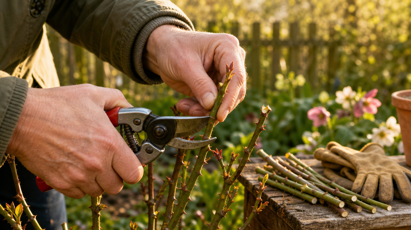 Mãos podando galhos de rosas com tesoura de jardinagem em jardim com luvas e flores ao fundo.