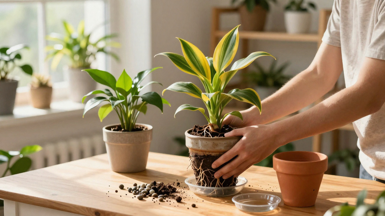Pessoa transplantando planta com folhas verdes e amarelas em vaso dentro de casa, em mesa de madeira.