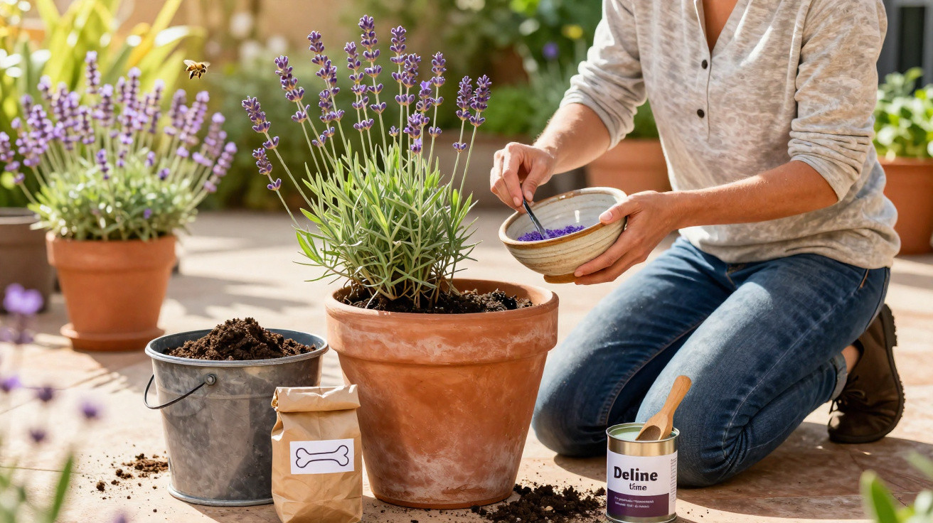 Pessoa regando planta de lavanda em vaso de barro em área externa ensolarada durante o dia.