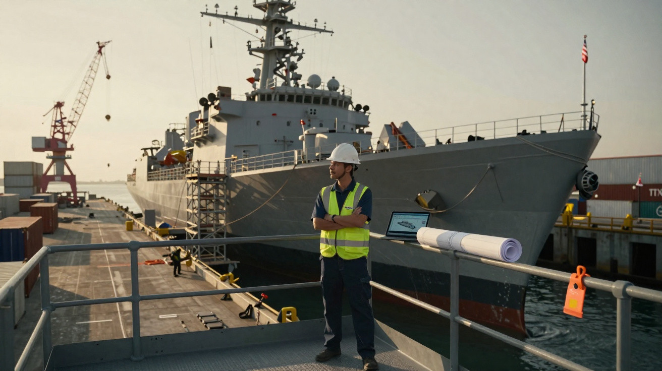 Homem com colete e capacete observa navio militar atracado em porto com contêineres e guindaste ao fundo.