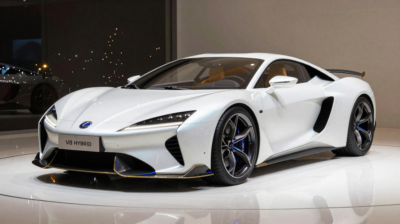 Carro esportivo branco híbrido V8 com design moderno e aerodinâmico em exposição interna.