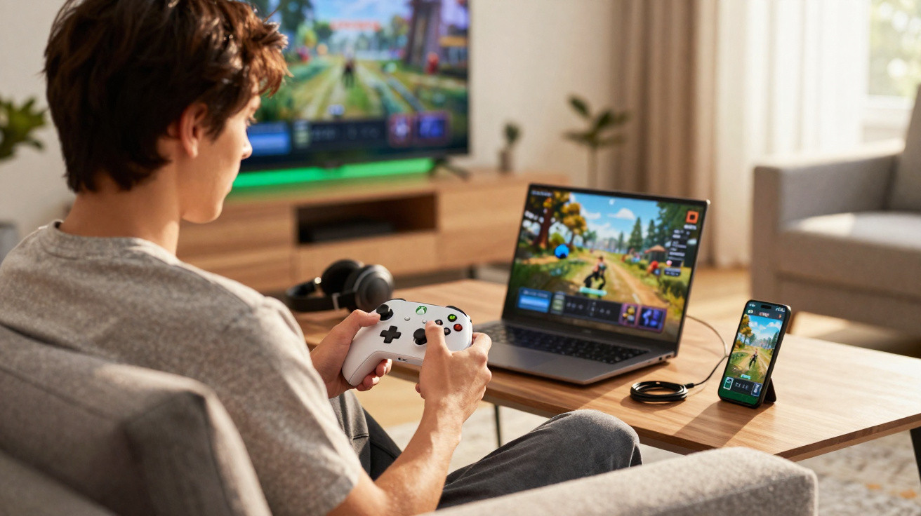 Jovem joga videogame em casa usando controle, laptop e smartphone em sala de estar iluminada.