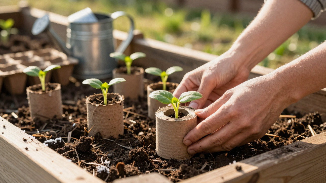 Mãos plantando mudas em pequenos vasos ecológicos sobre uma jardineira de madeira com regador ao fundo.