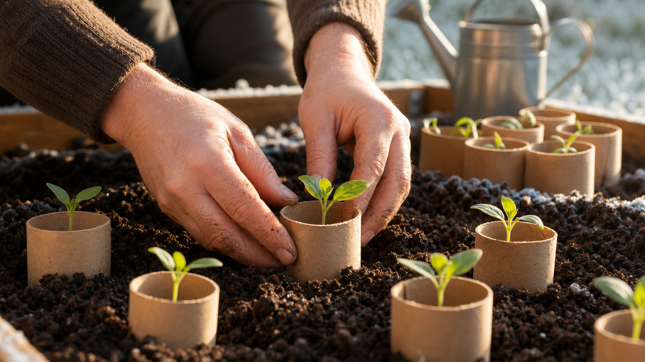 Mãos plantando mudas em pequenos recipientes de papel reciclado, sobre terra úmida e escura.