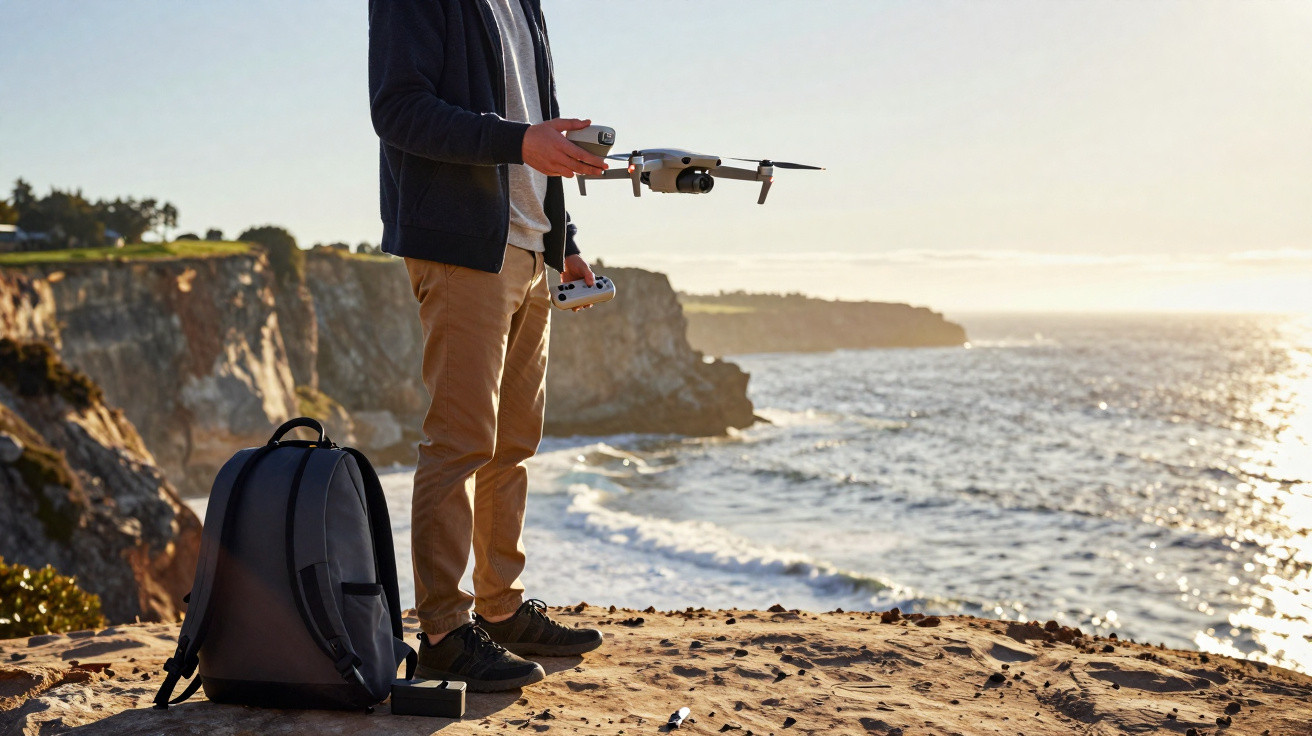 Pessoa controlando um drone em penhasco à beira-mar durante o pôr do sol.