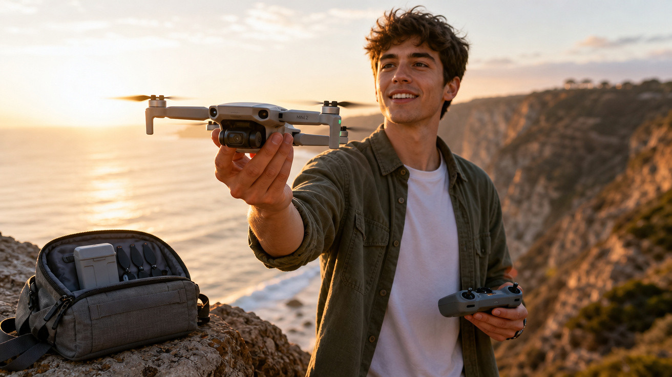 Homem segurando drone e controle remoto em penhasco com mar ao fundo ao pôr do sol.