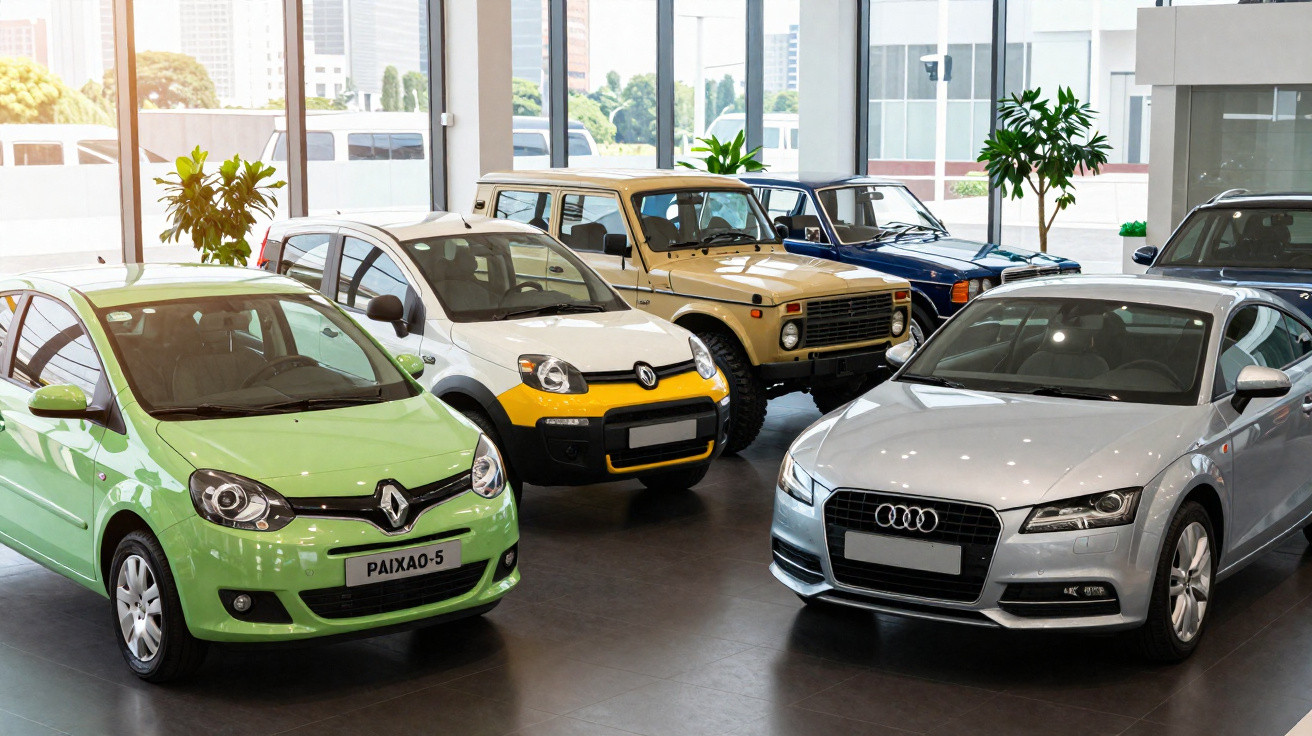 Diversos carros novos expostos em showroom de concessionária com pisos escuros e plantas decorativas.