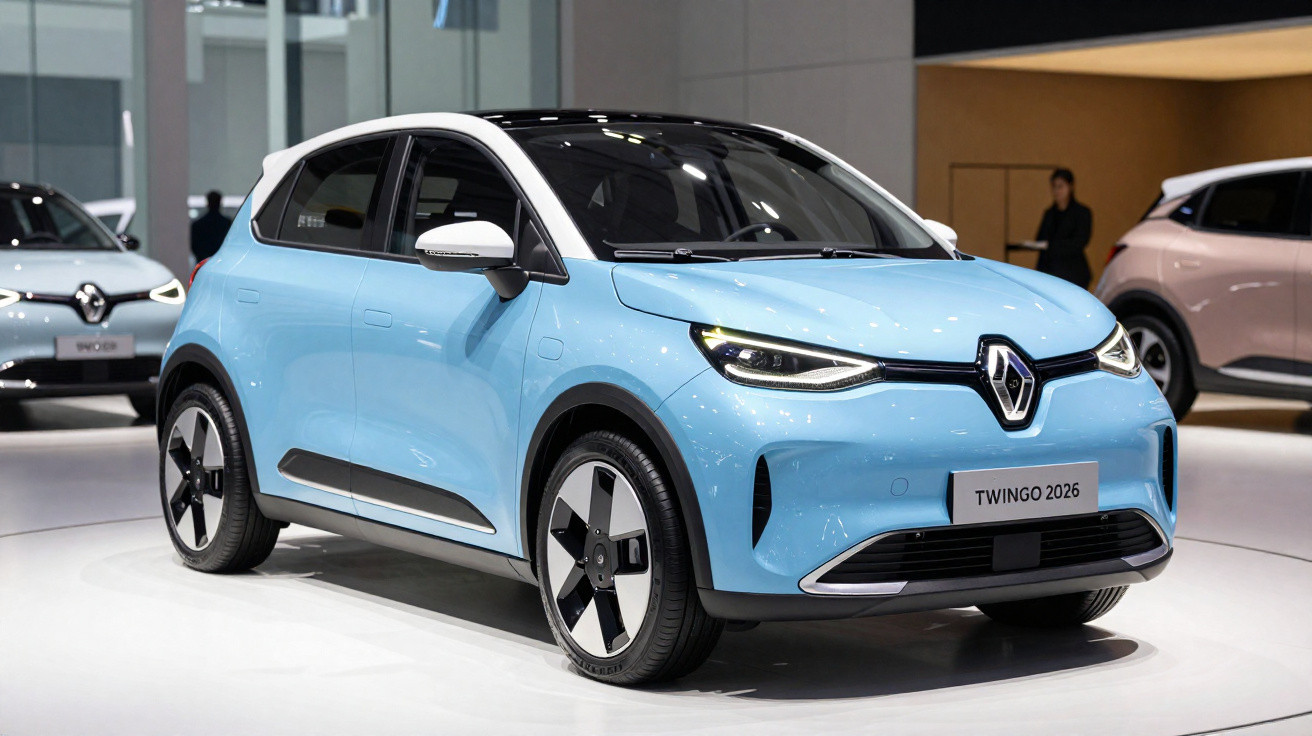 Carro elétrico Renault Twingo 2026 azul claro em exposição interna, vista frontal lateral esquerda.