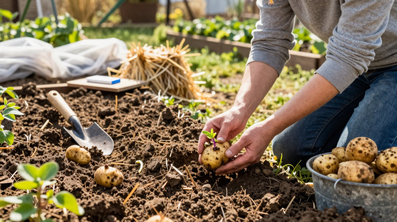 Pessoa plantando batata em solo fértil durante o cultivo em horta ao ar livre.