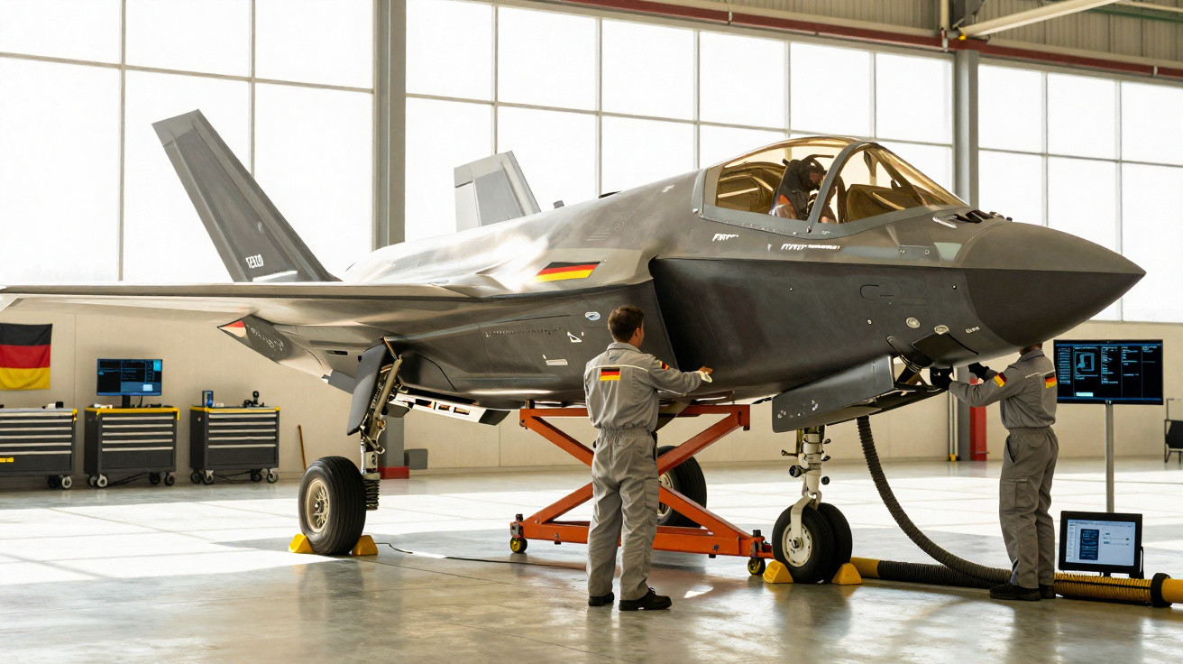 Avião de caça cinza em hangar com três técnicos em uniforme cinza realizando manutenção.