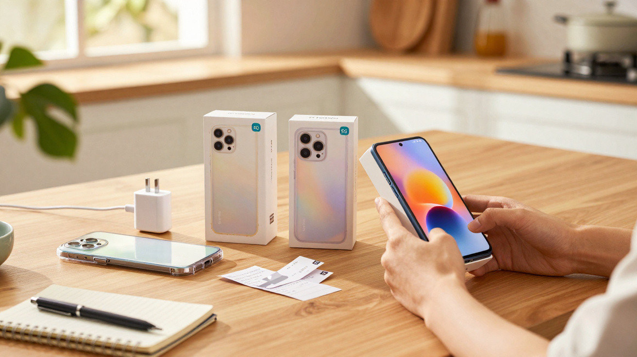Pessoa segurando celular com tela colorida ao lado de dois celulares, caixas, carregador e bloco de notas em mesa.